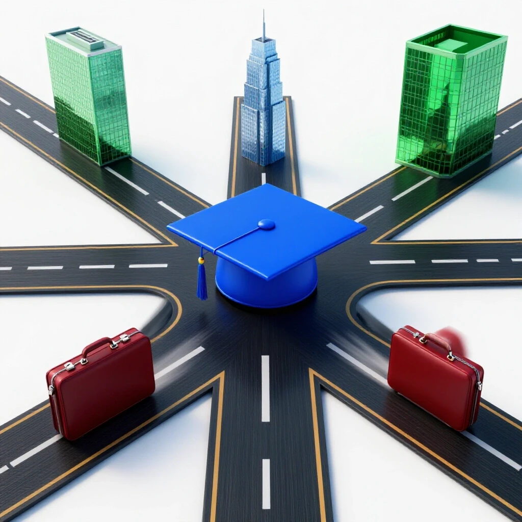 Dynamic crossroads with a bright background showing a blue graduation cap path toward a city and a red briefcase on a fast lane to an office building.
