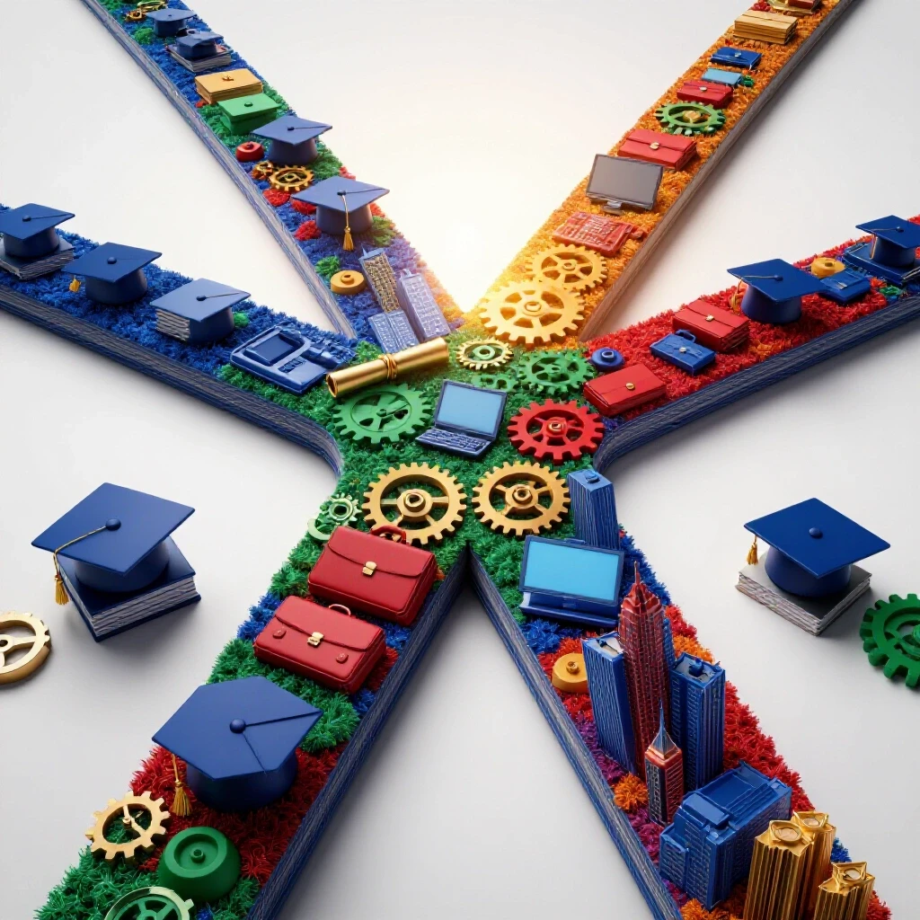 Bright crossroads with diplomas and workplace symbols meeting at a glowing horizon on a white background.