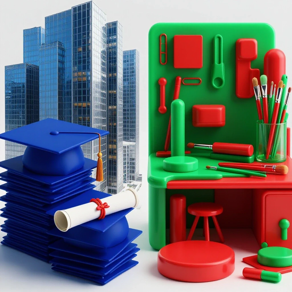Split-path scene with graduation caps and diplomas leading to a corporate office on one side and a vibrant creative workspace on the other, contrasting career choices.