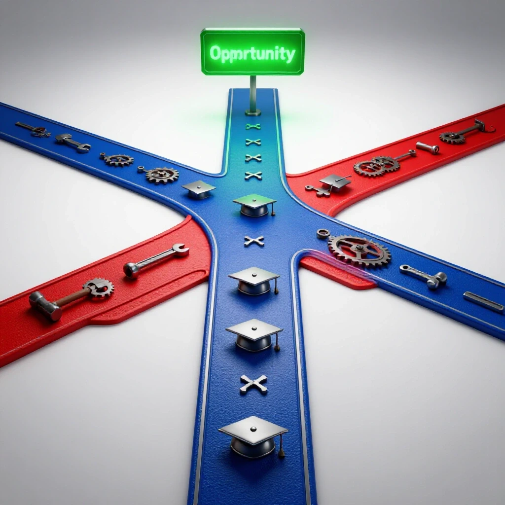 A crossroads with a smooth path of academic symbols and a rugged path with work tools, merging toward a bright horizon.