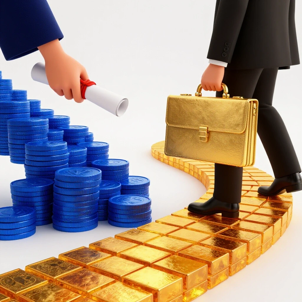 Split scene with a diploma on royal blue coins and a gold briefcase on amber brick path, vivid contrast on white background.