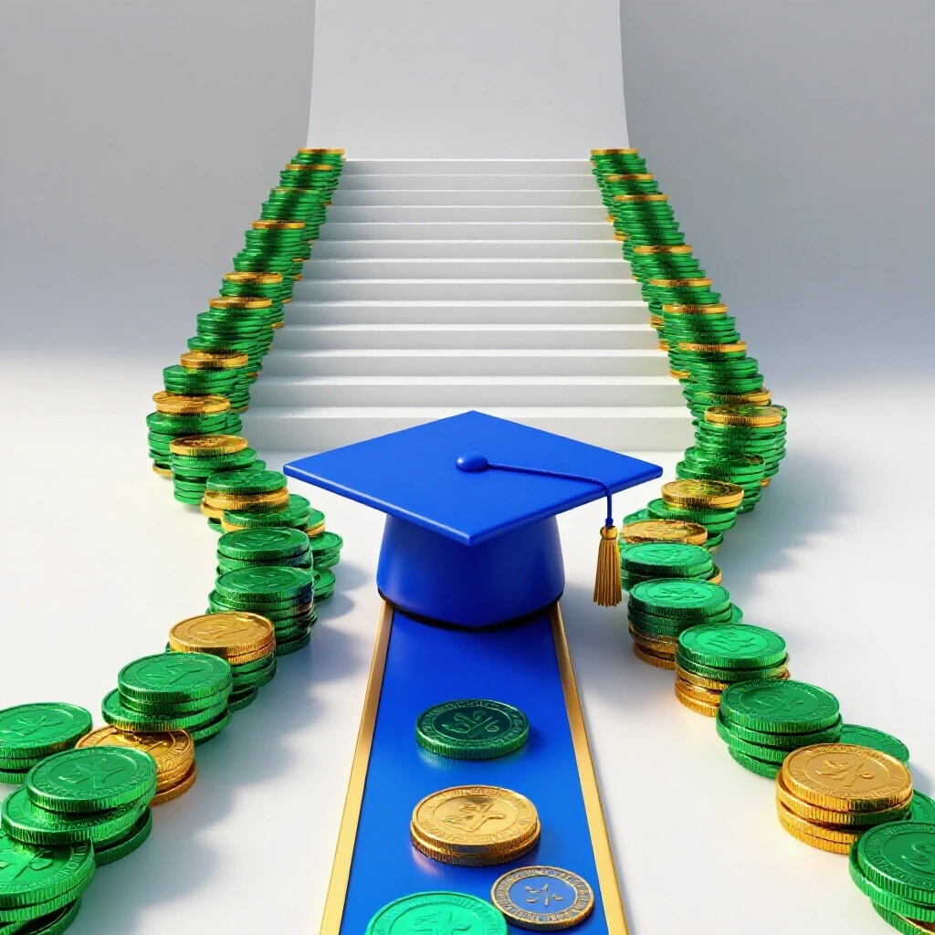 Two diverging paths: one leading to a graduation cap, the other to an ascending staircase of coins, on a bright background.