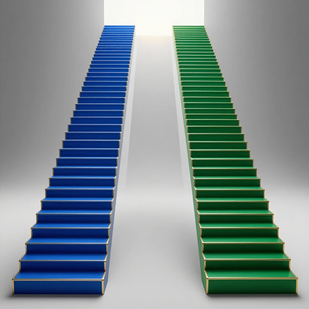 Split scene with a straight blue staircase and a winding green staircase leading upward to a glowing horizon