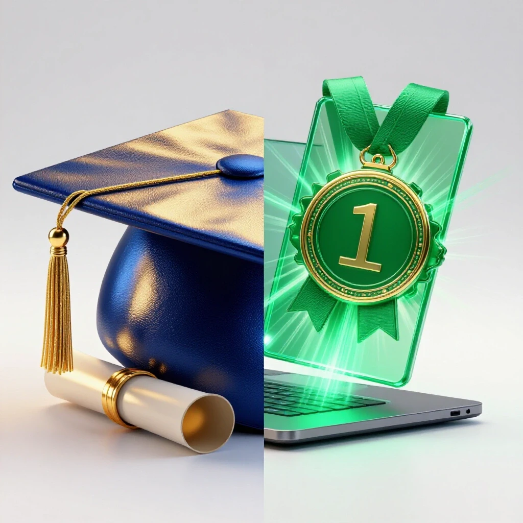Split scene showing a glossy graduation cap and diploma on one side and a vivid digital badge emerging from a laptop on the other, set against a bright background.