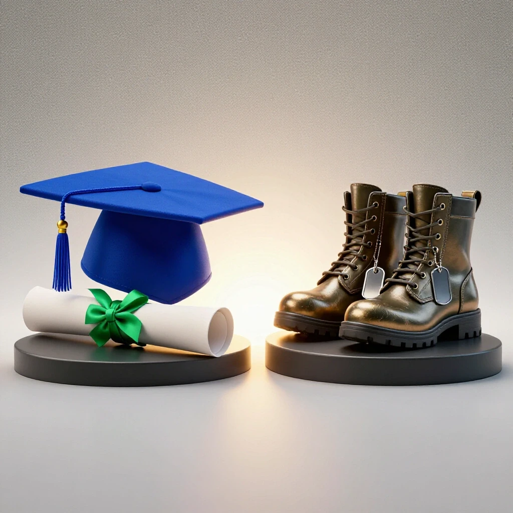 Split scene of a graduation cap with diploma and military boots with dog tags, both facing a glowing horizon symbolizing future choices.