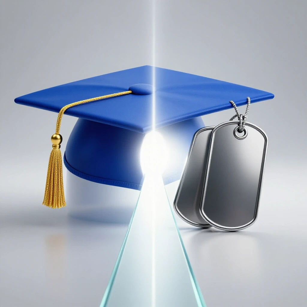 Glossy graduation cap and metallic dog tags split by a glowing path leading to a bright horizon symbolizing career options.