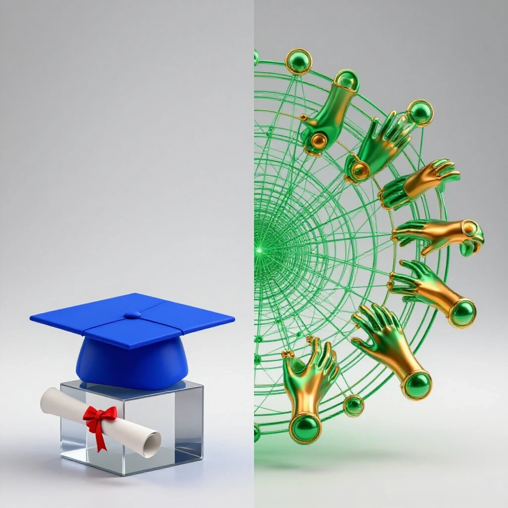 Split scene featuring a glossy graduation cap and diploma contrasted with vibrant interconnected hands, symbolizing degrees versus networking.