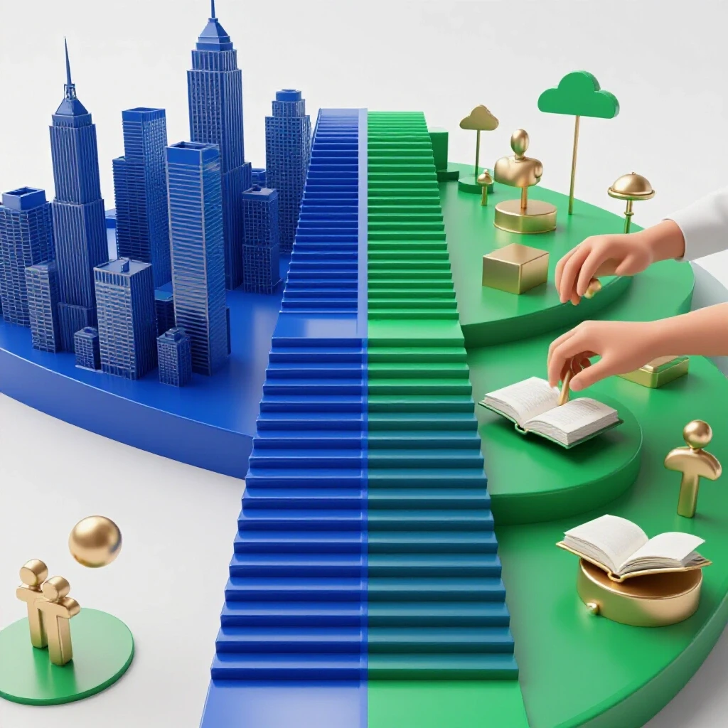 Split image with a glass staircase rising to a city skyline beside vibrant green symbols of nonprofit community support.