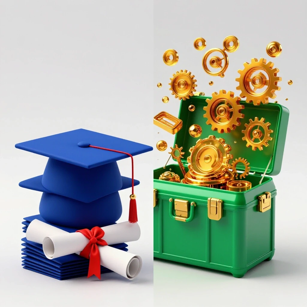 Split scene with graduation caps and diploma on one side, creative toolbox and gears on the other, vivid colors, bright background