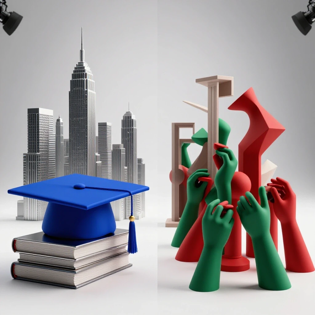 Split path with graduation cap and structured city on one side, diverse hands building objects on the other, bright studio scene.