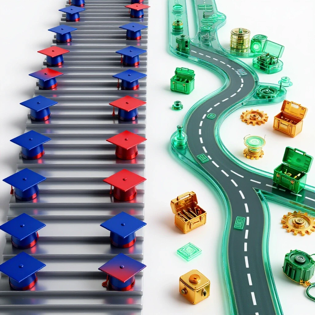 Split scene showing a structured academic path lined with graduation caps beside a branching road featuring diverse toolkits and symbols on a bright background.