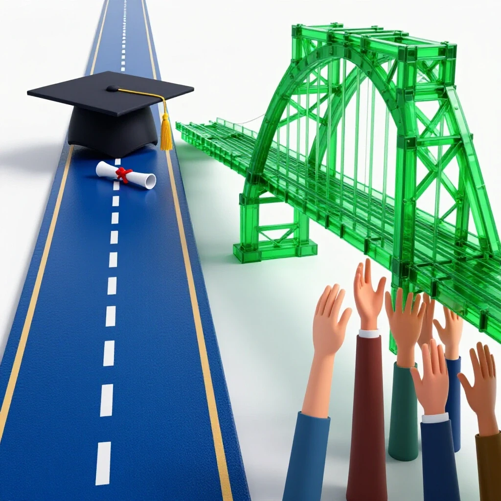 Split-path scene showing a graduation cap and diploma on a clear road beside a dynamic bridge built by helping hands, symbolizing career choices under outsourcing risk.