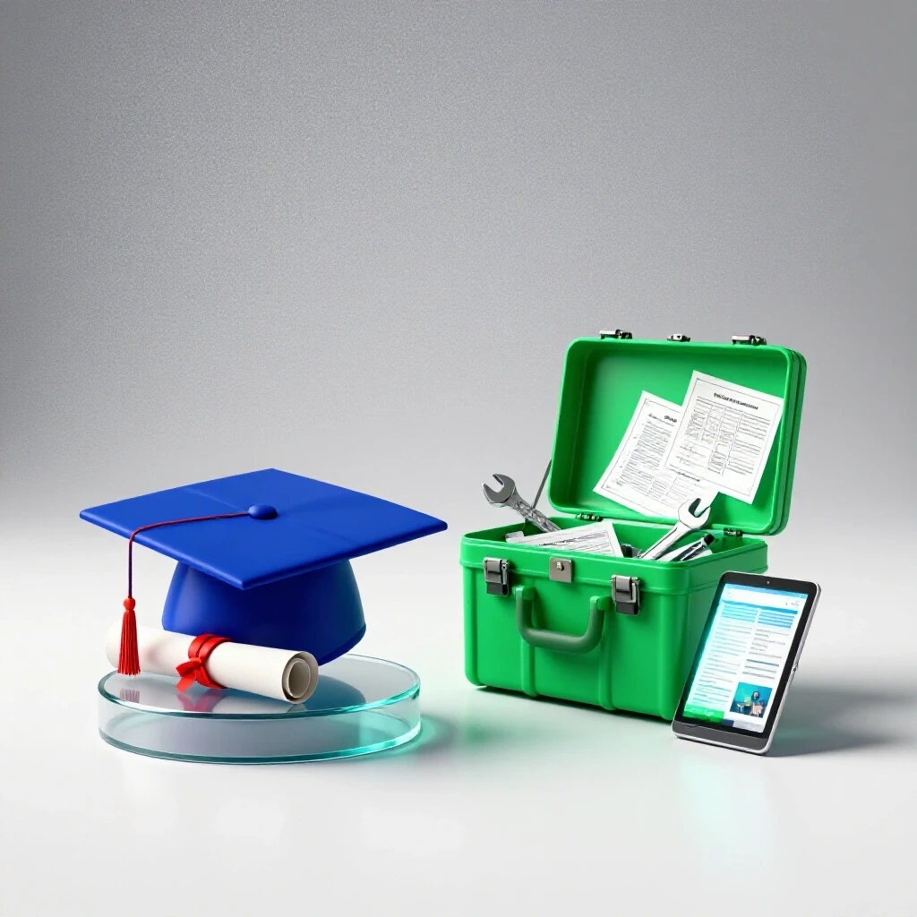 Split scene with graduation cap and diploma on one side and vibrant tools and portfolio on the other, contrasting education and experience.