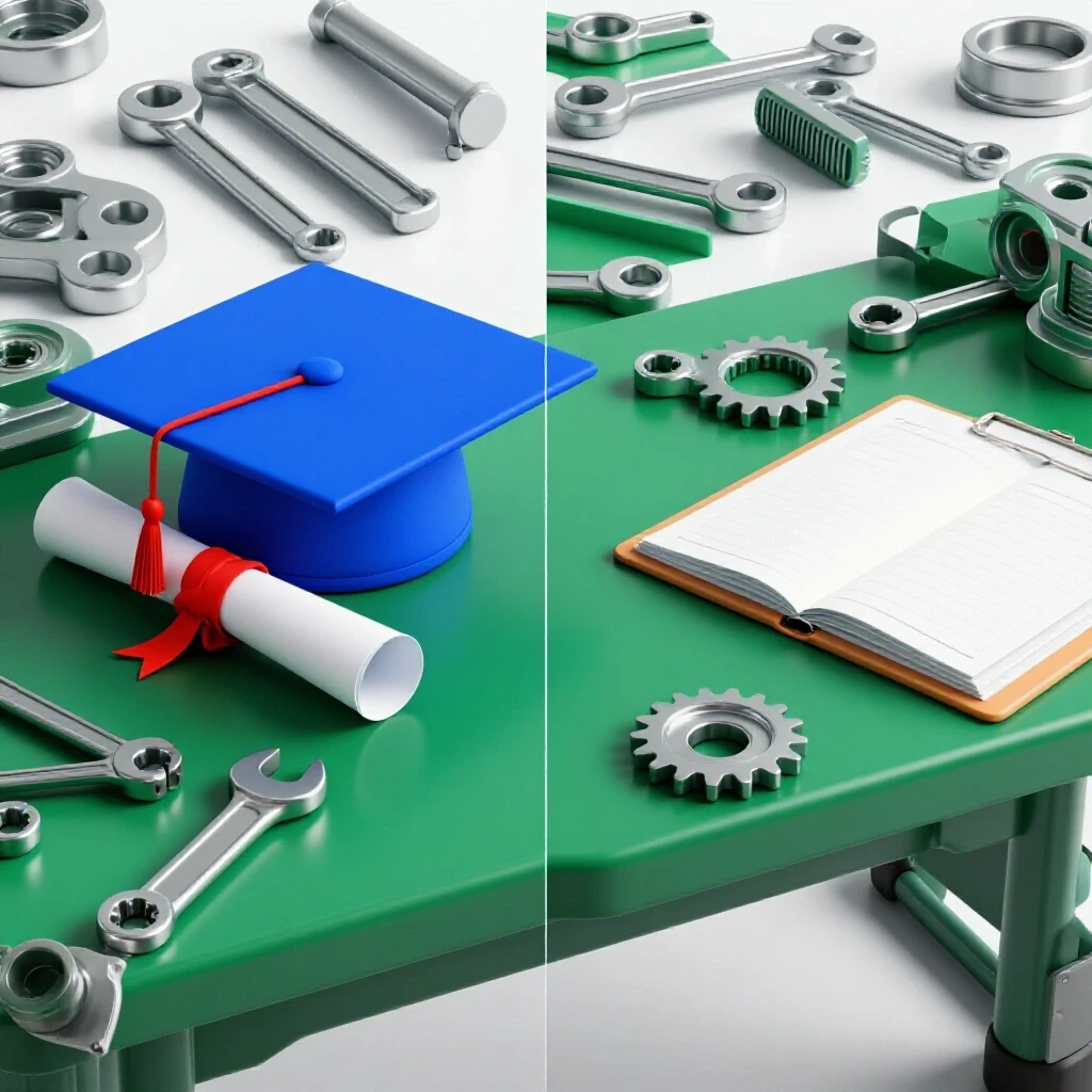 A split scene showing a graduation cap and diploma on one side and workshop tools with a project folder on the other, highlighting academic and practical pathways.