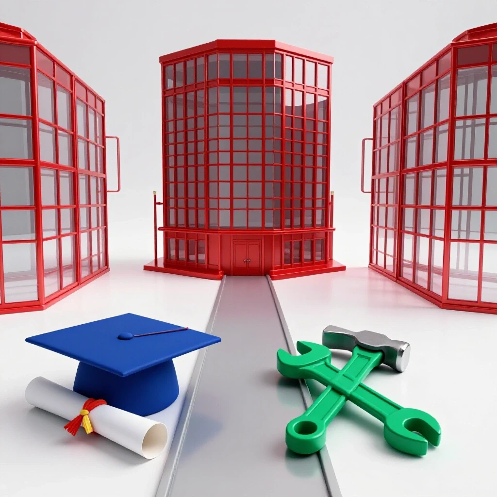 Split pathway with graduation cap and tools on either side, both leading to a modern office building.