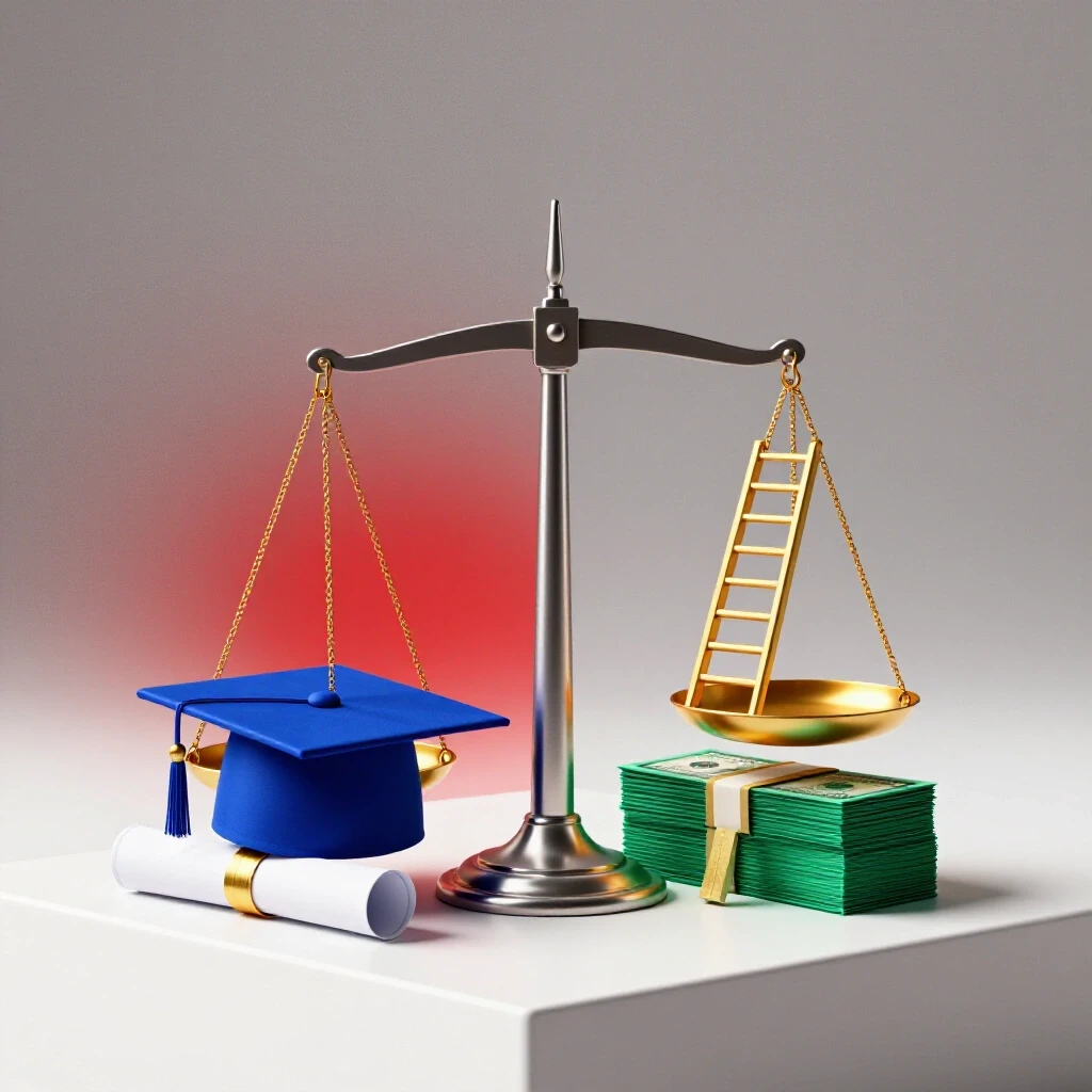 A balanced scale with a graduation cap and diploma on one side, money and a rising career ladder on the other, set against a split vivid background.