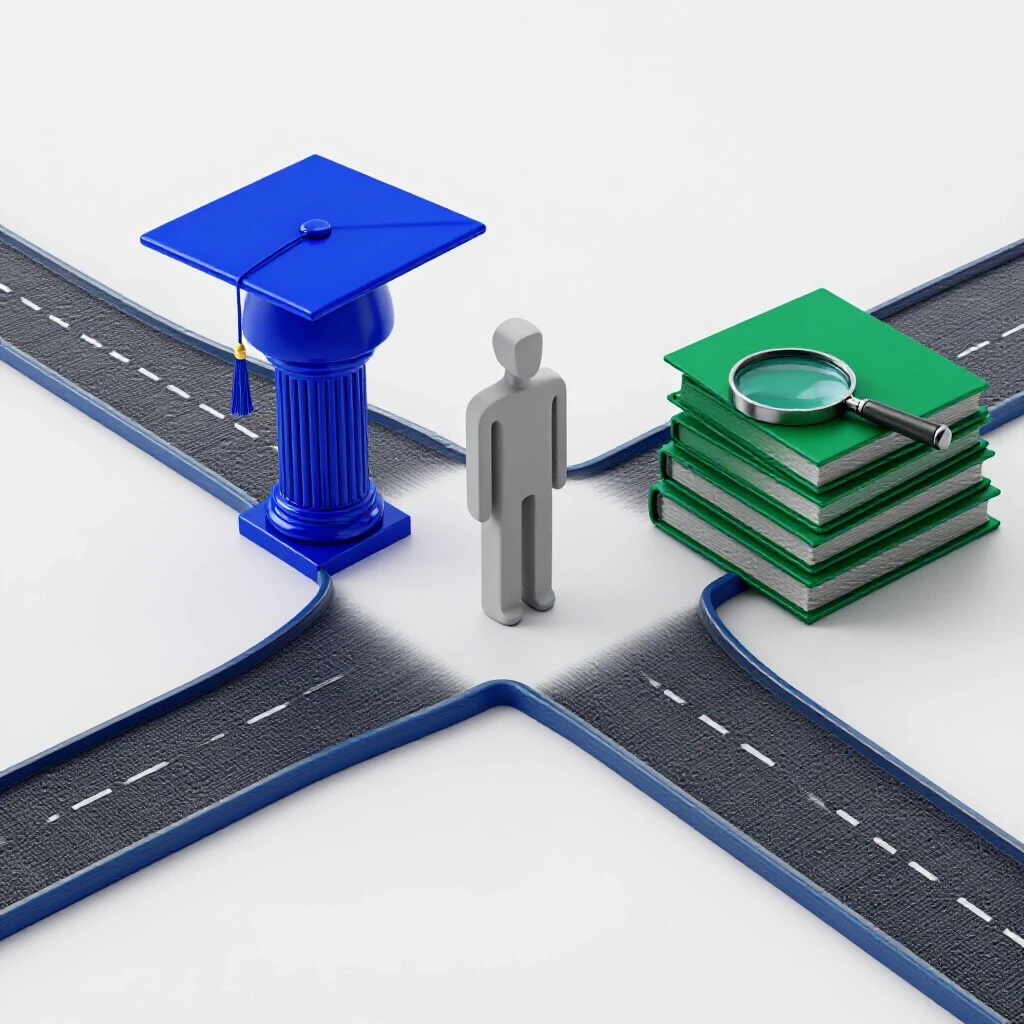 A crossroads with deep-colored graduation cap on one path and magnifying glass over books on the other, central abstract figure deciding.