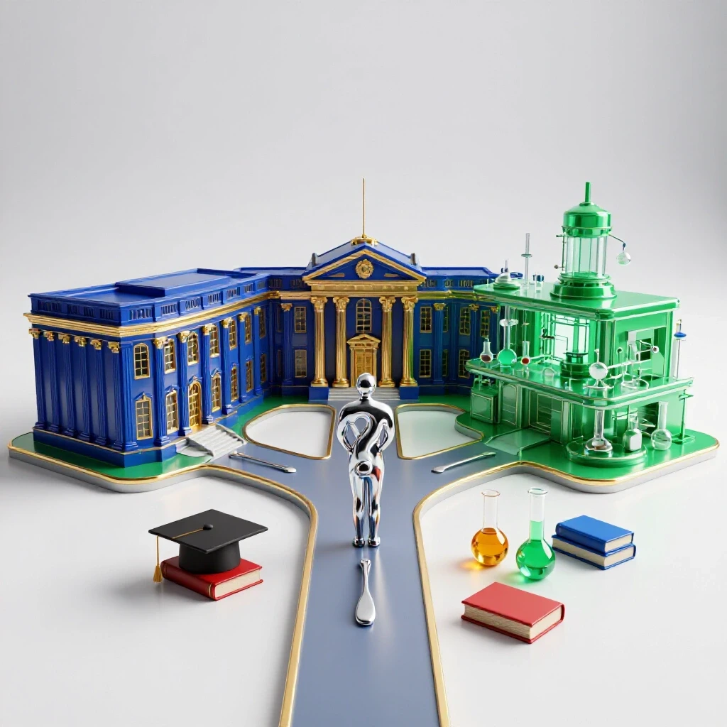 Forked path with university building and modern laboratory, bold colors, symbols of education and research