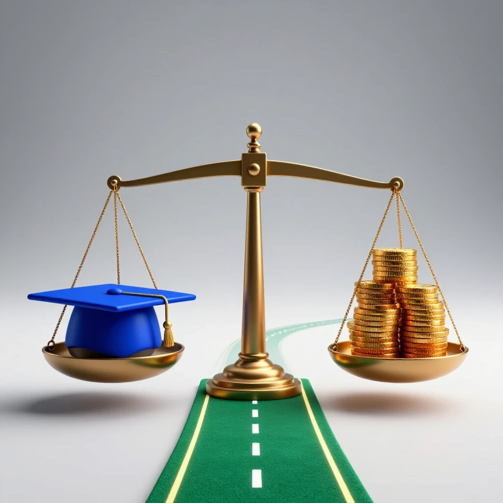 A balanced scale with a blue graduation cap on one side and amber coins on the other, connected by a glowing green pathway.