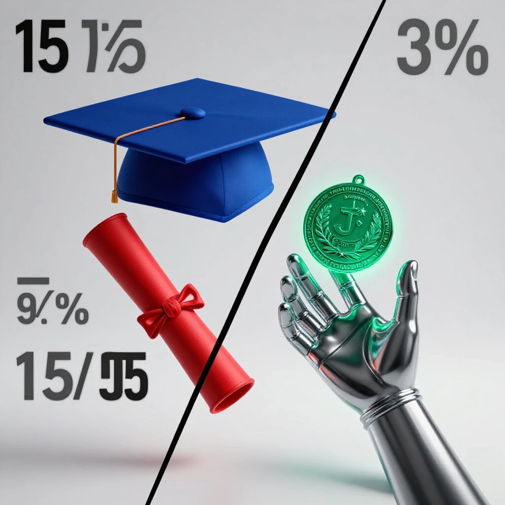 Split scene of a graduation cap and diploma contrasted with a glowing scholarship medal in a bright studio setting.