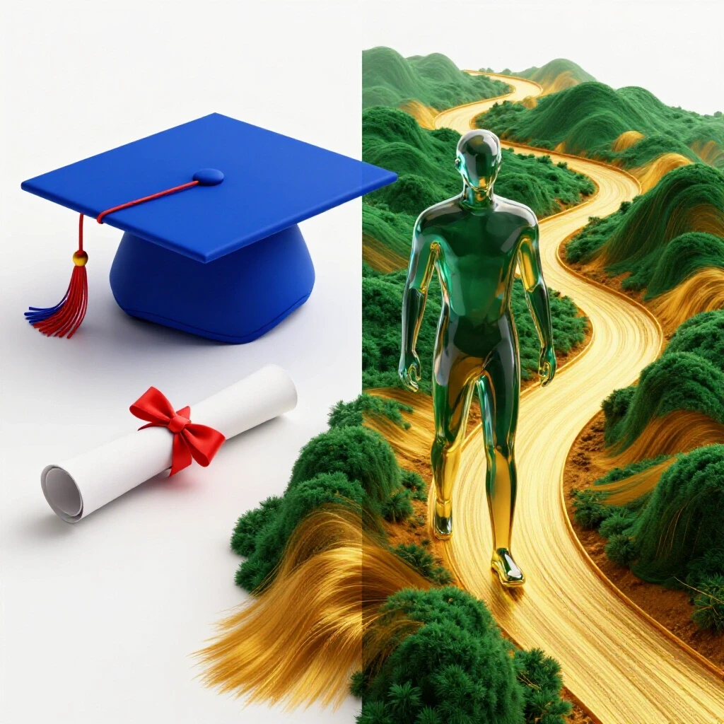 Split image of a graduation cap with diploma and an abstract figure on a glowing path, contrasting education routes.