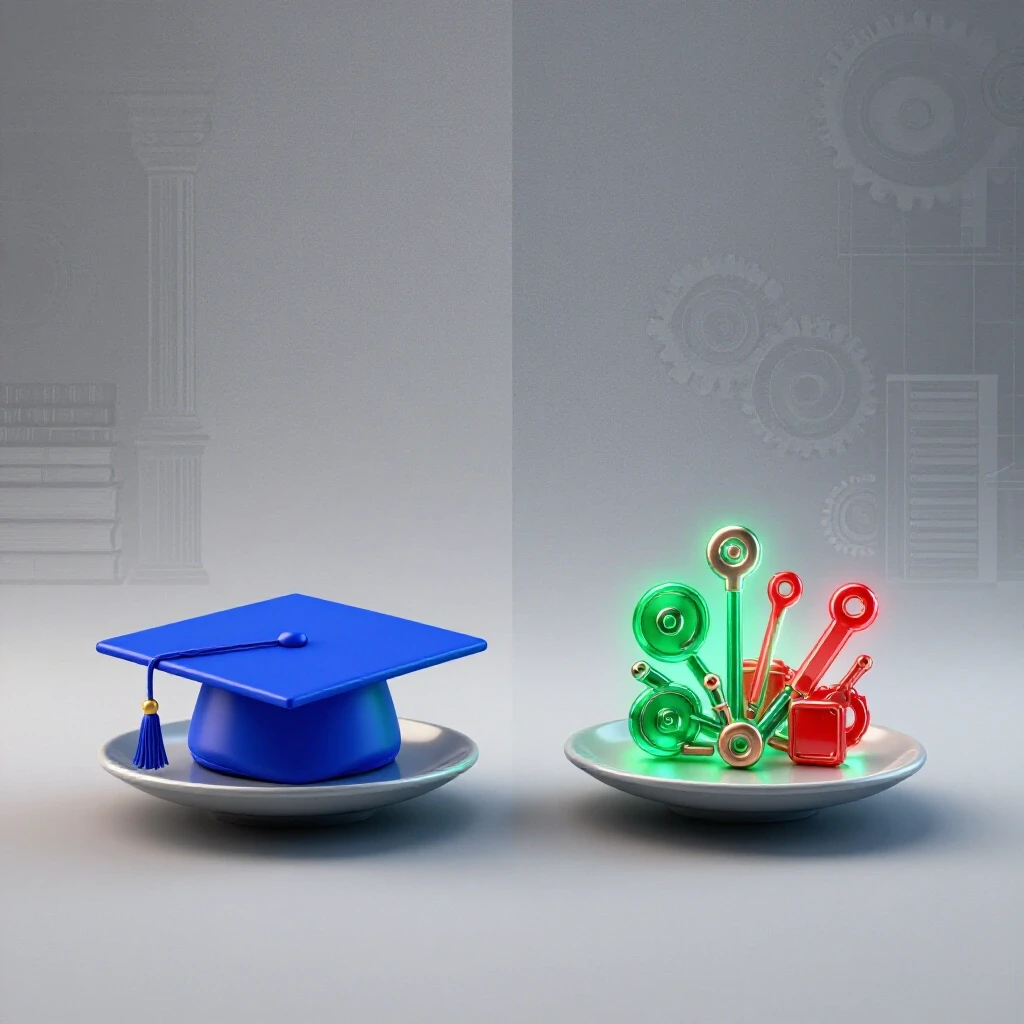 Balanced scale with graduation cap and glowing skill icons on a bright studio background split between academic and professional themes.
