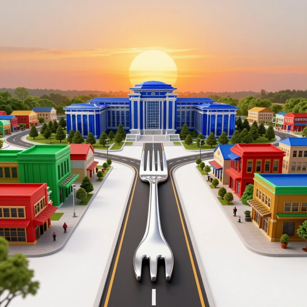 A brightly lit forked road diverging toward a university campus and a colorful small town under a sunrise.