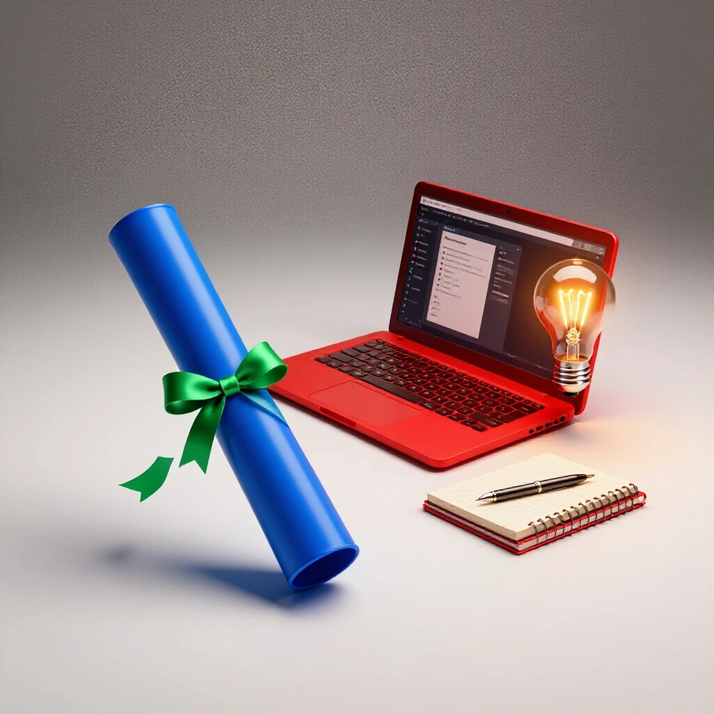 Split scene with diploma scroll and creative freelancer tools, contrasting education and solo work paths.