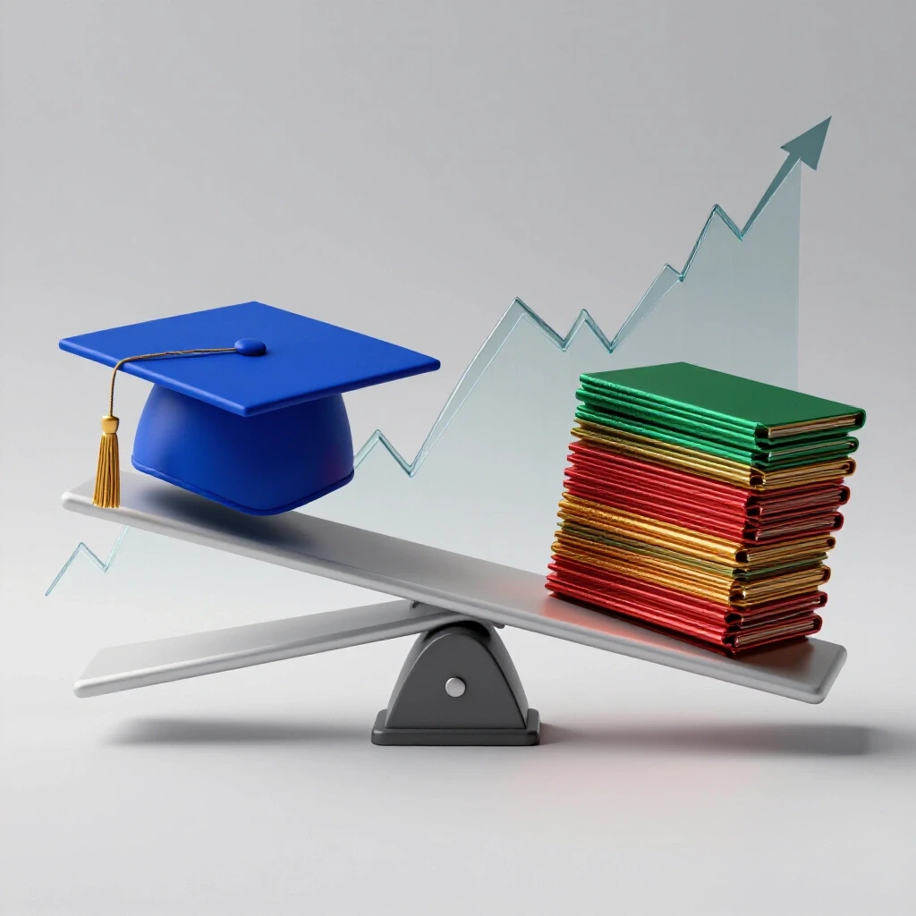 Colorful 3D seesaw balancing a graduation cap and stack of certificates with rising graphs behind them.