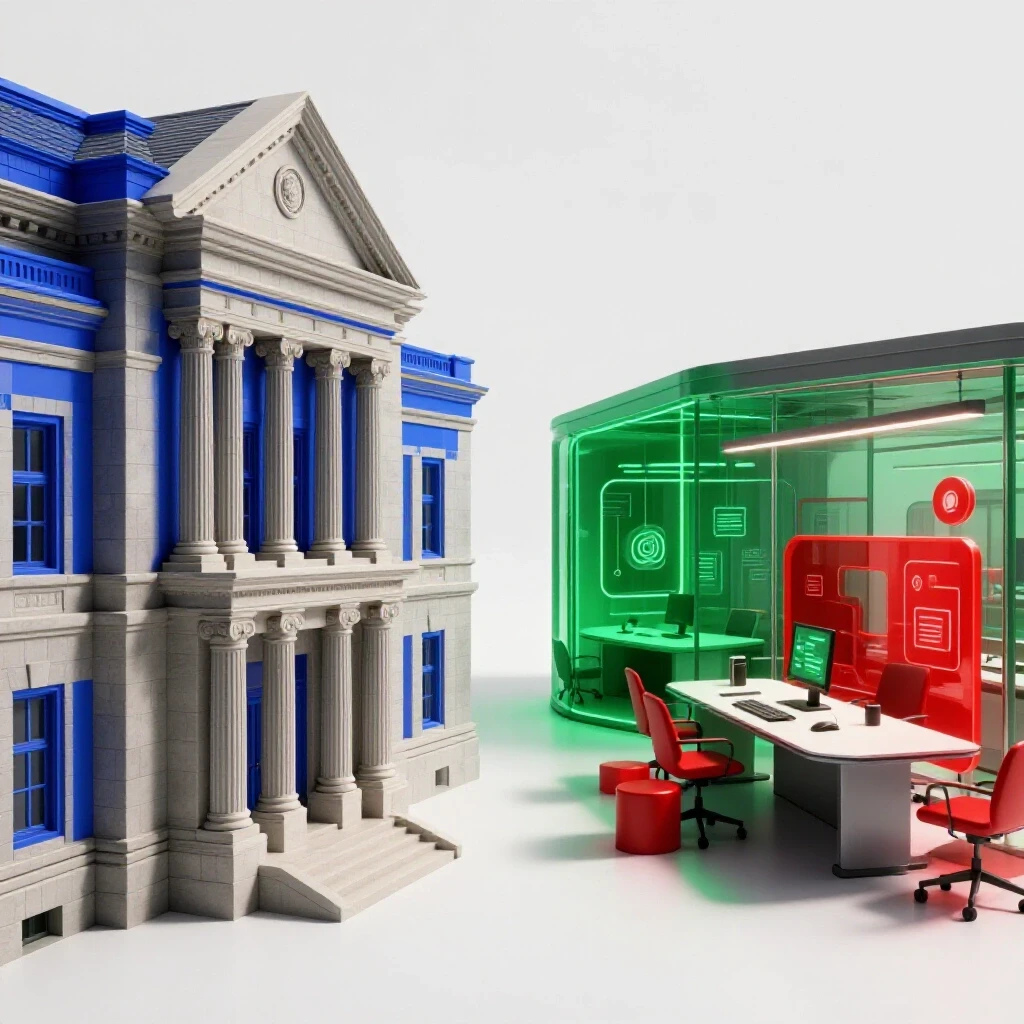 A split path with a traditional academic building on one side and a modern startup workspace on the other, set against a bright white background.