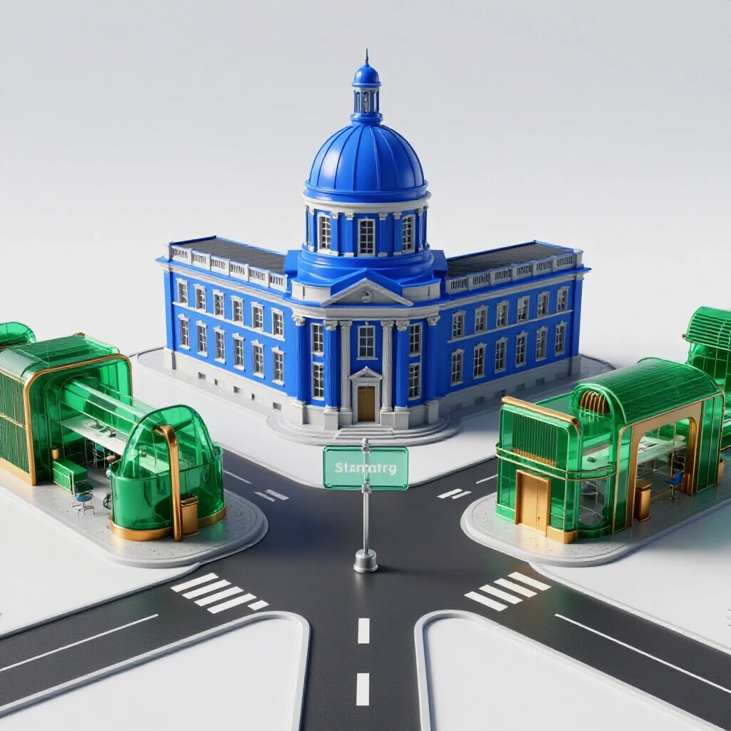 A crossroads with a vibrant university building on one path and a modern startup workspace on the other, symbolizing career choices.