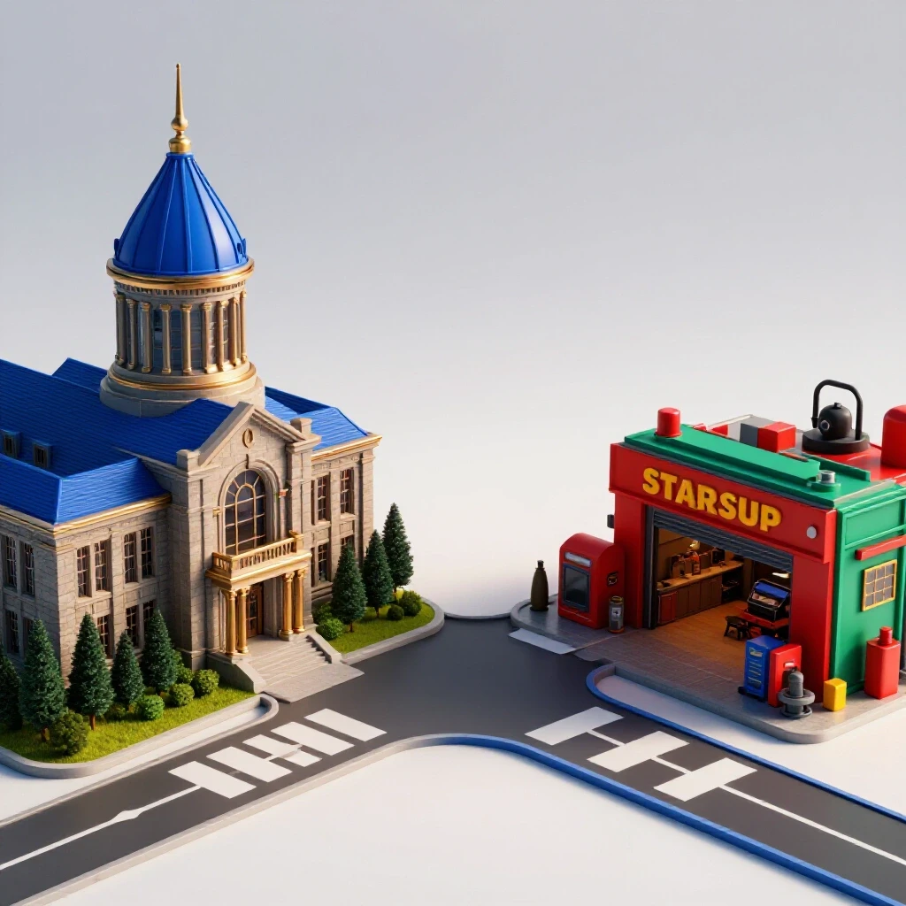 Sunrise crossroads scene with a university building on one path and a lively startup garage on the other.
