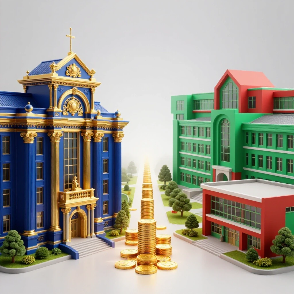 Split scene of ornate university versus modern state campus with golden coins leading to a misty horizon.