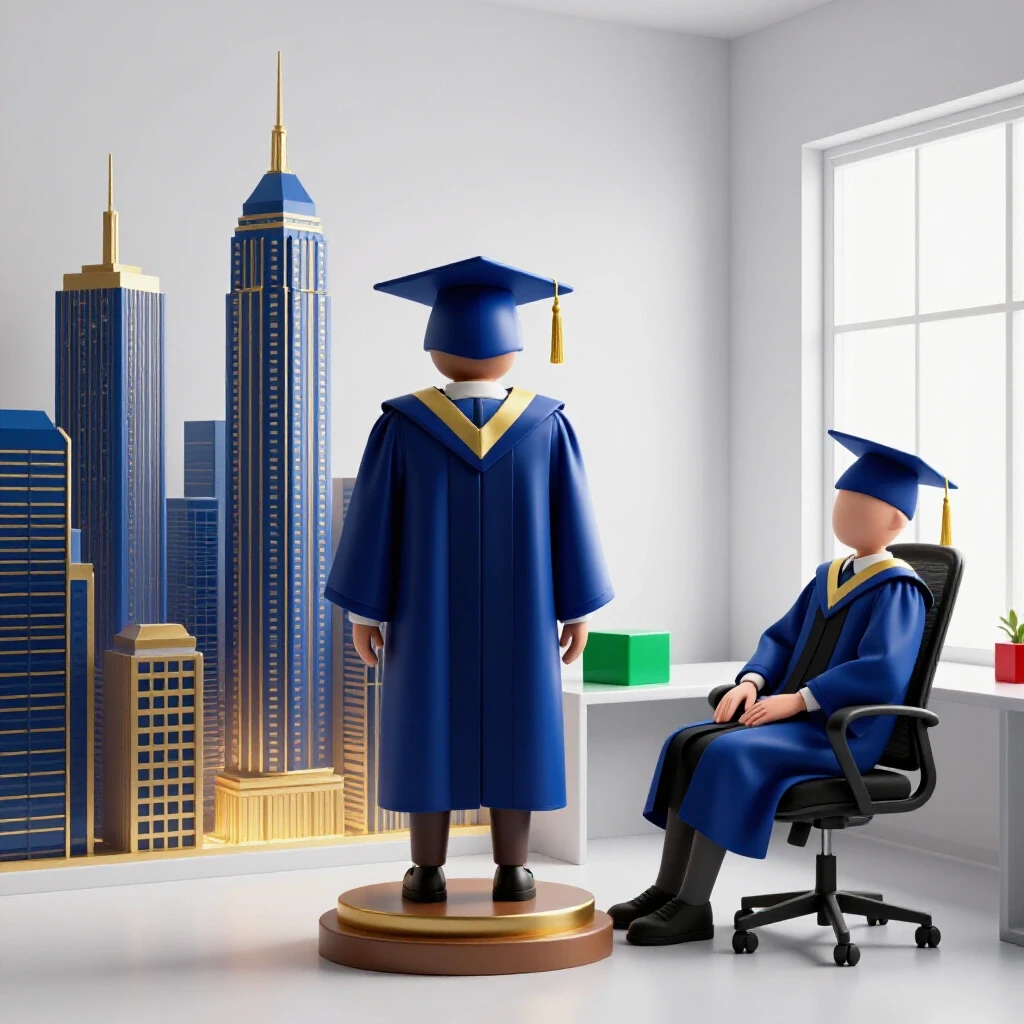 Split scene of graduation attire at a podium overlooking a city and the same attire at home by a window, symbolizing career choices.