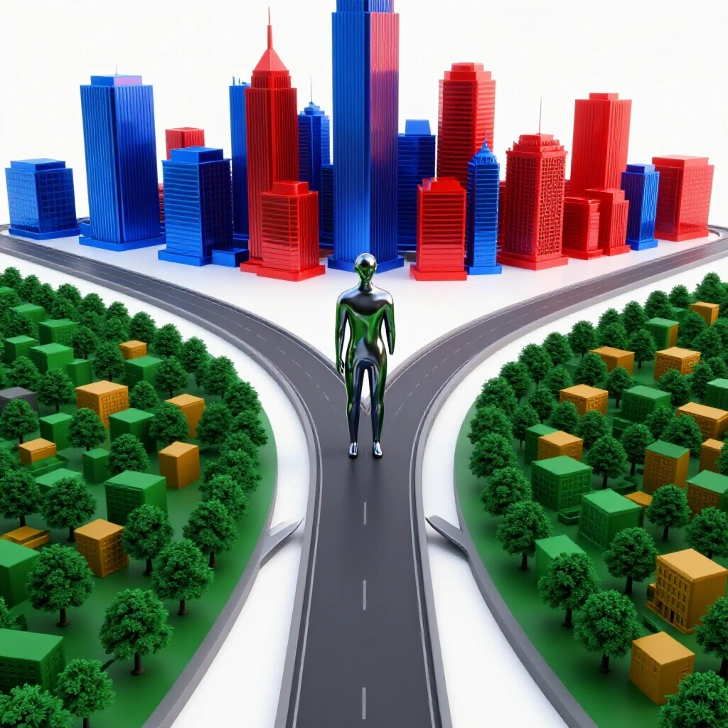 A forked road meeting at a crossroads, one side leading to a dynamic city skyline, the other to a small-town landscape, with a reflective figure at the center.