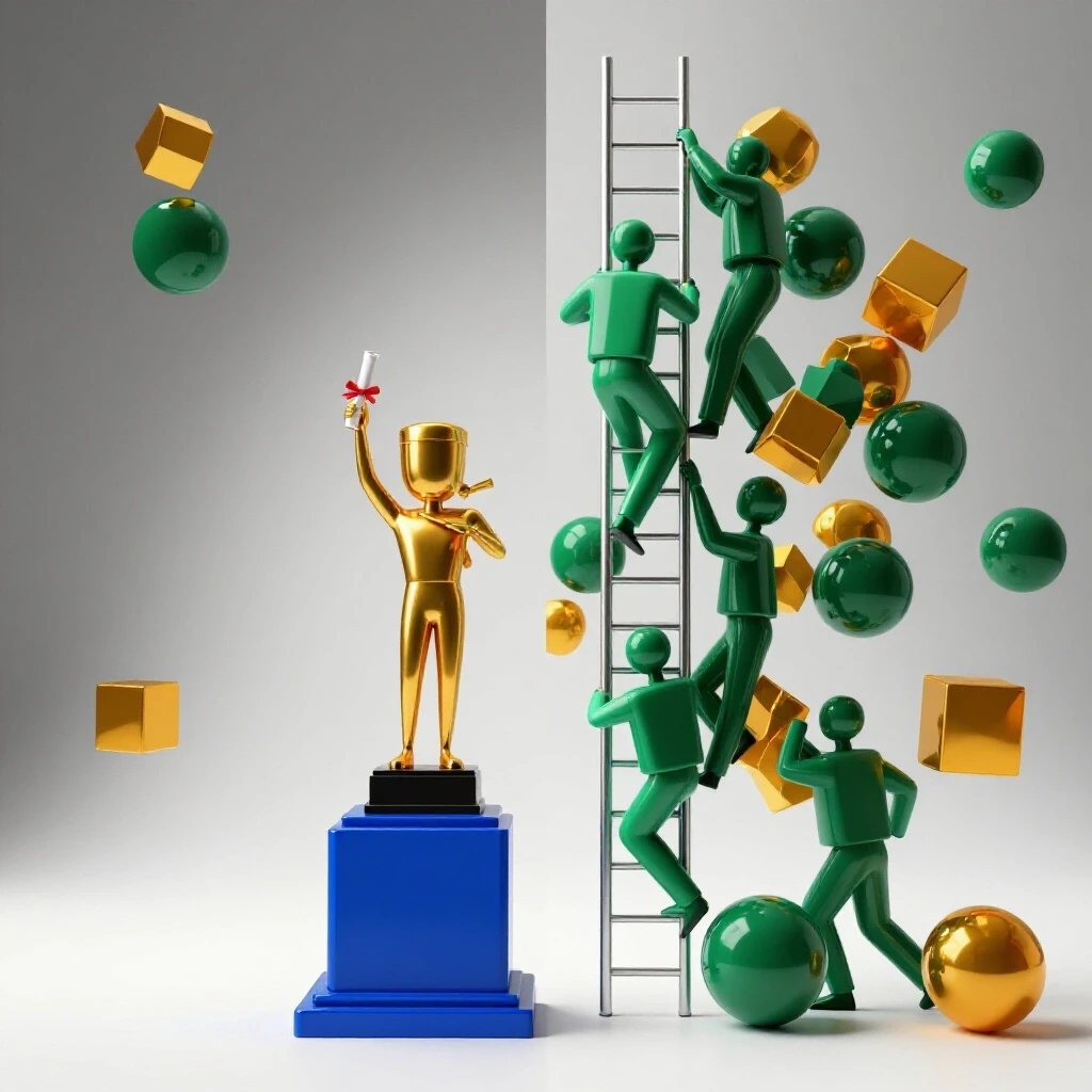 Split scene shows a single trophy figure with a diploma on a podium alongside teamwork shapes climbing a ladder.