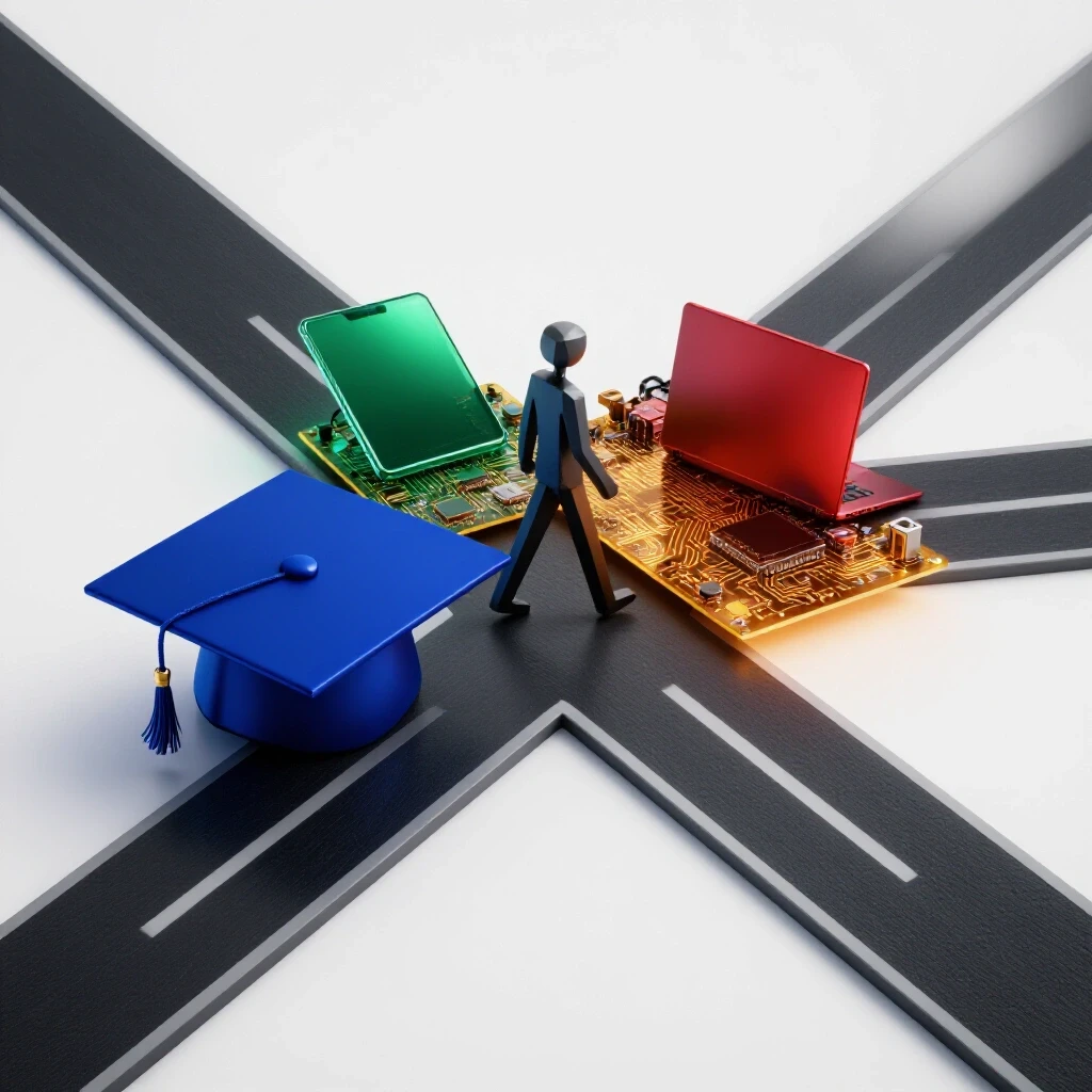 Crossroads scene with a graduation cap on one path, tech devices on another, and a confident figure transitioning between.
