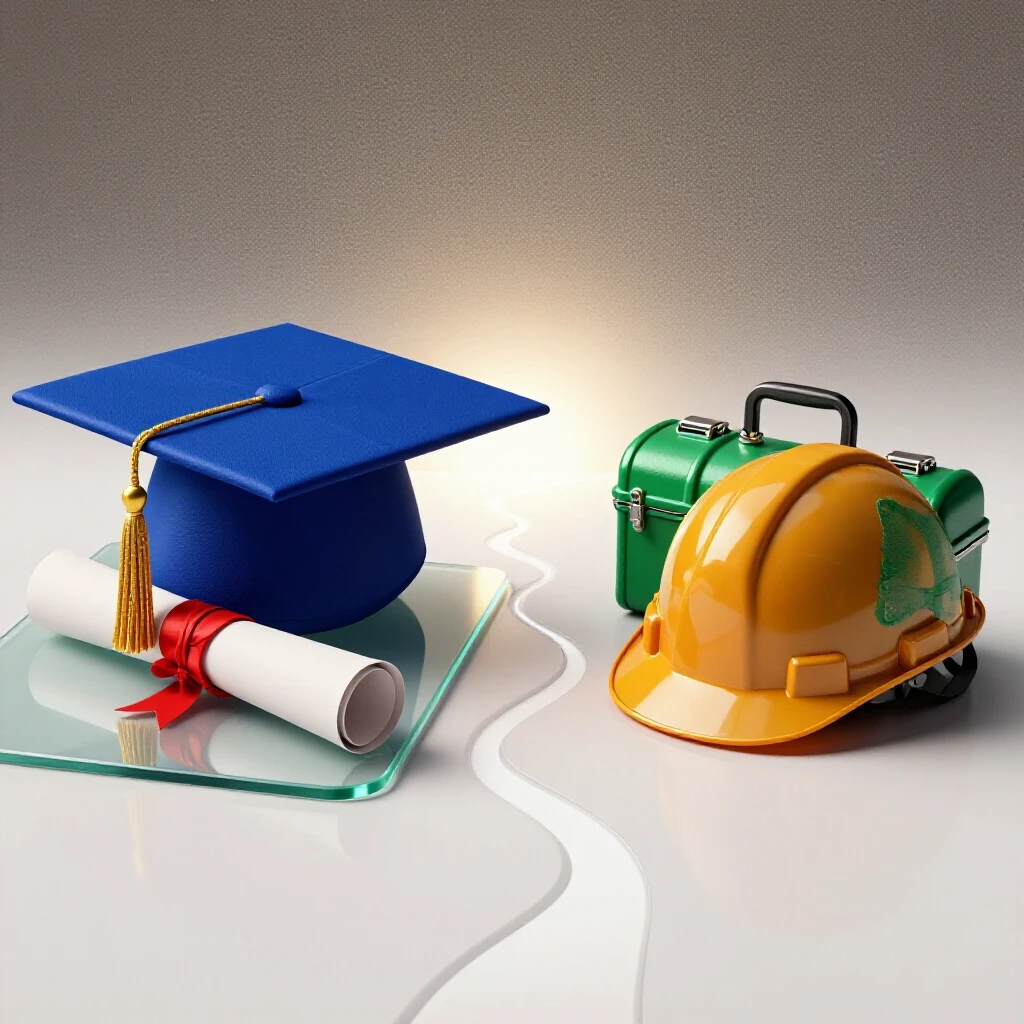 Graduation cap and diploma contrasted with toolbox and safety helmet, separated by a winding path symbolizing different career choices, set against a bright background.