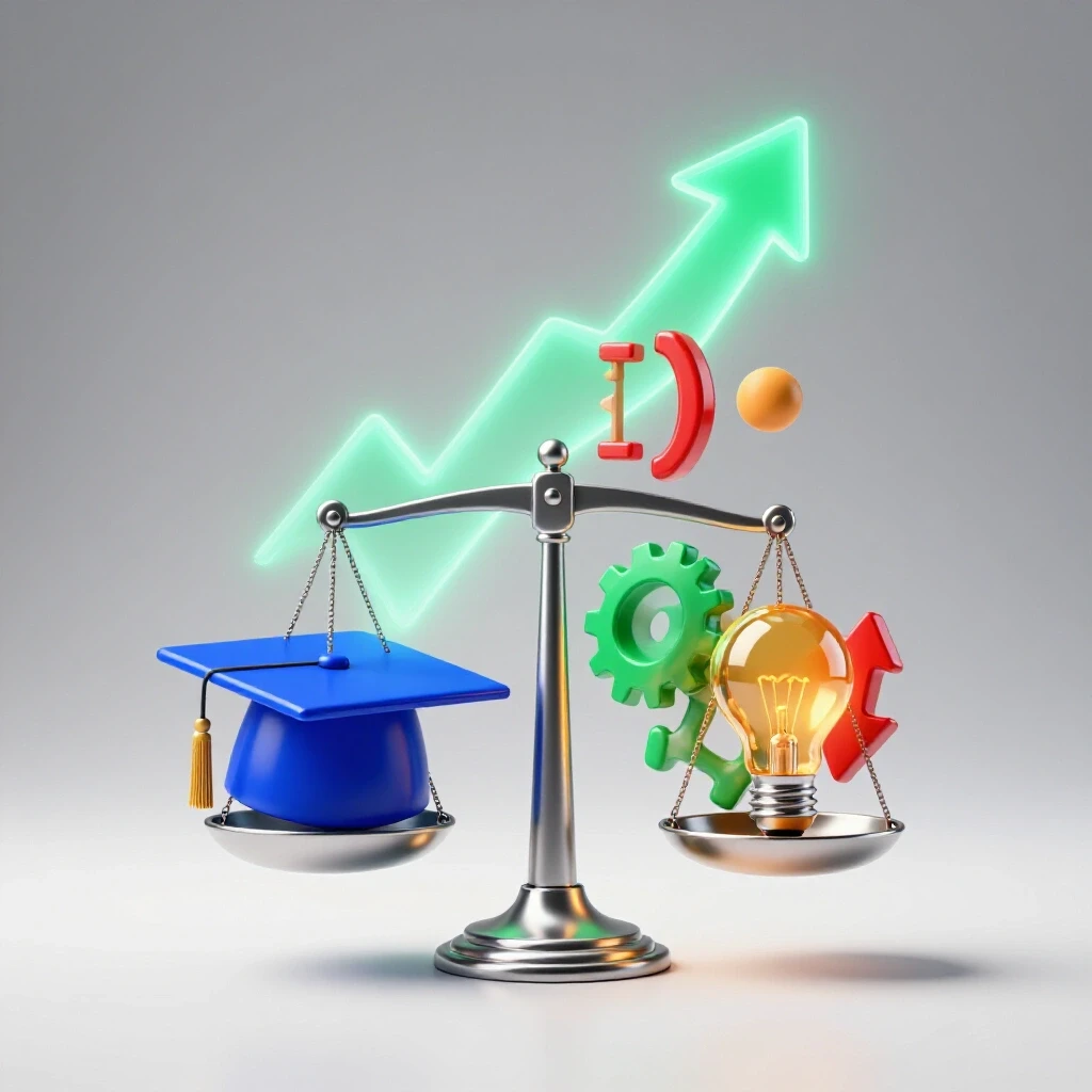 A metallic balance scale with a royal blue graduation cap on one side and vibrant skill icons on the other, glowing upward arrow in background, on a bright white backdrop.