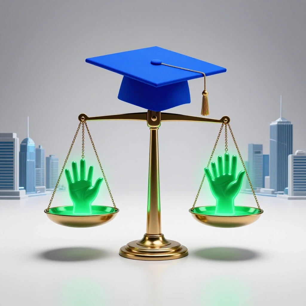 A balanced scale with a blue graduation cap on one side and a glowing green helping hand on the other, set before a bright futuristic cityscape.