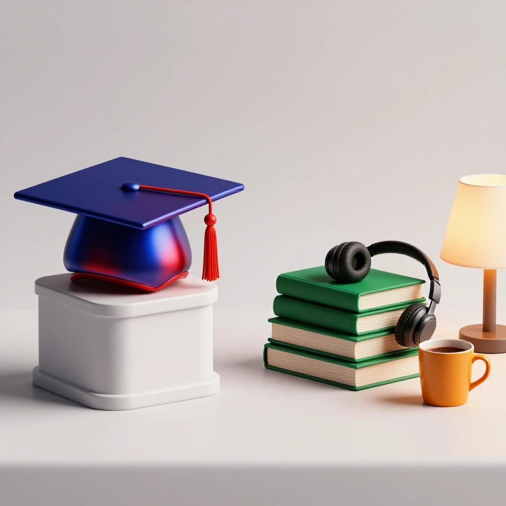 Split scene showing a formal graduation cap and diploma beside a cozy weekend study setup with books and coffee, both on a bright background.