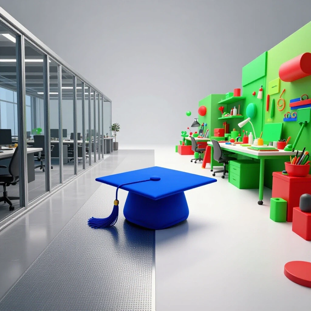 Dramatic split path image showing a graduation cap leading to an office and a vibrant creative workspace