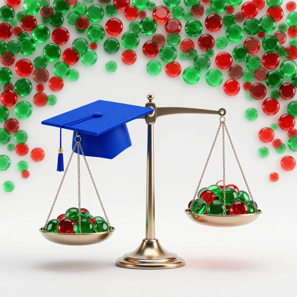 Balancing scale with a graduation cap on one side and glowing UCAS point tokens on the other, spotlighted against a bright background.