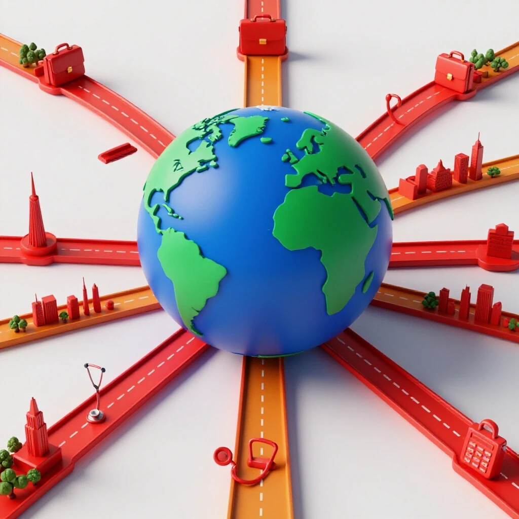 Vivid globe at center with colorful career pathways extending through diverse city and landscape icons.