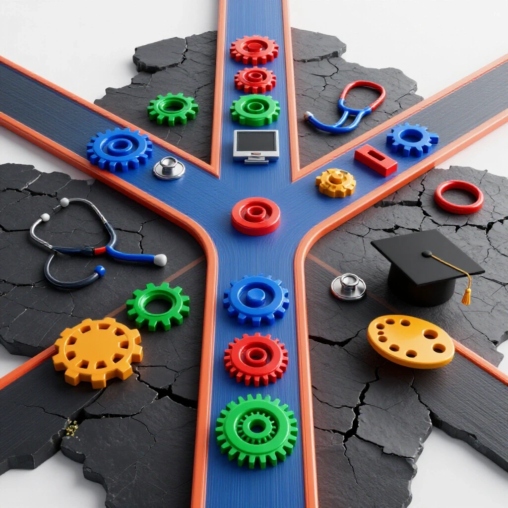 A crossroads with a dark, barren path merging into a bright road lined with vivid career symbols.