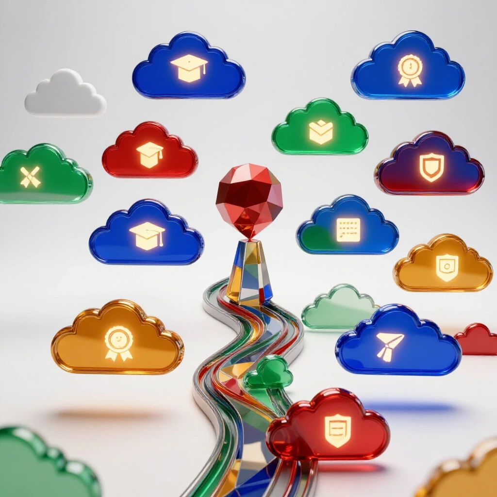 Upward path of interconnected digital clouds with glowing degree and certification symbols, representing cloud career advancement.