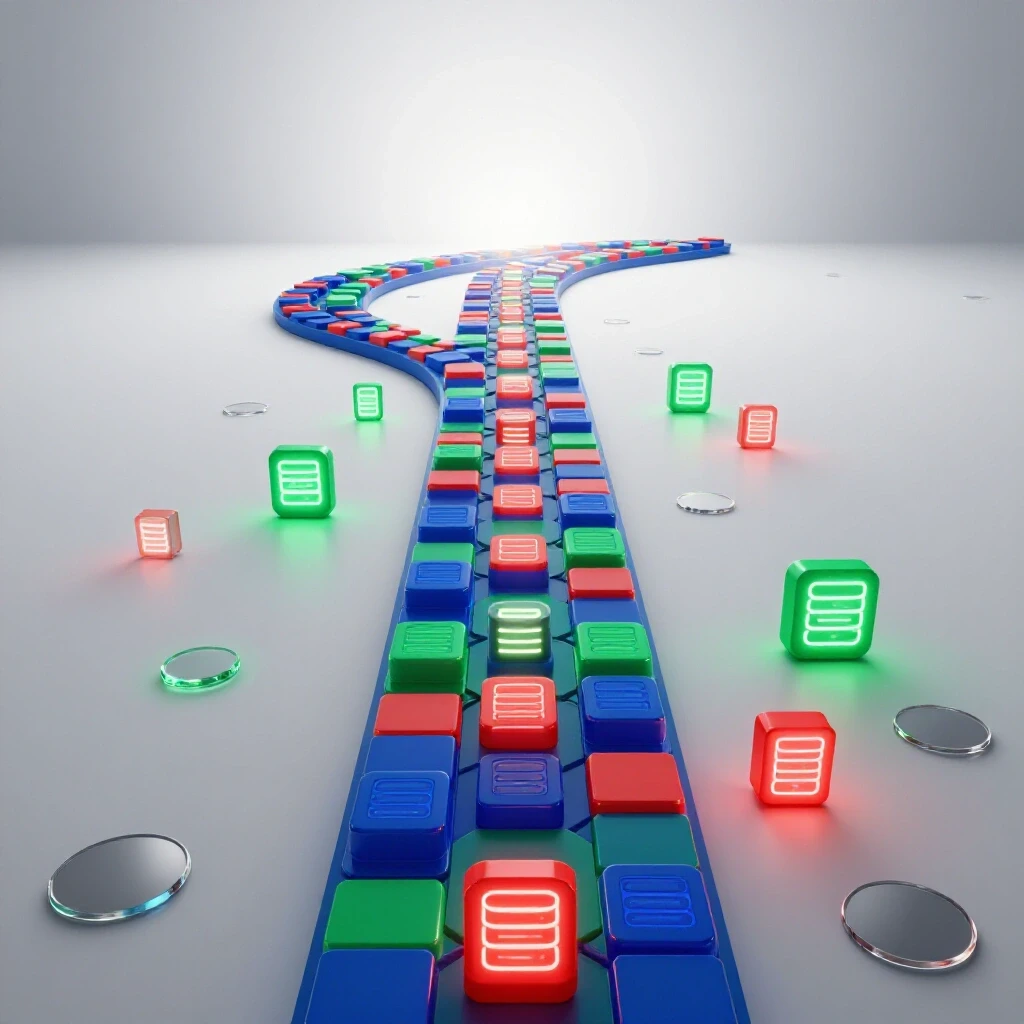 A glowing pathway of interlocking data blocks and database icons in vivid colors leading toward a bright horizon, symbolizing career progression in the database field.