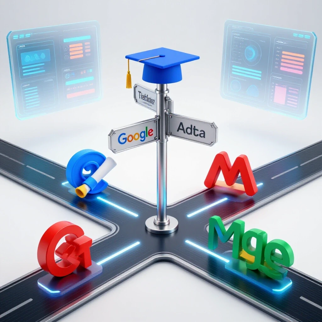 Glossy crossroads with colored degree and certification symbols at a bright digital intersection, futuristic dashboards in background.