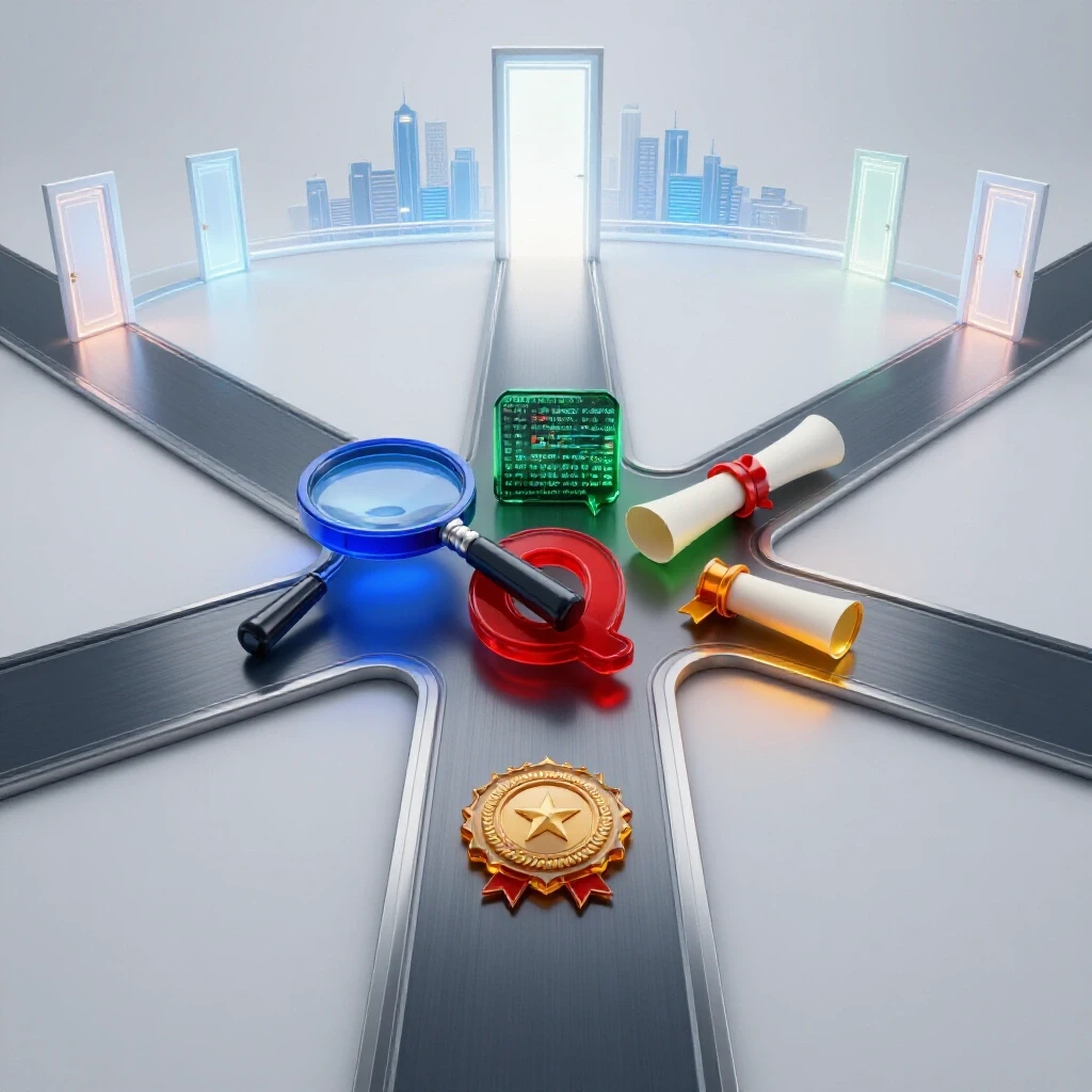 A crossroads with colored career symbols and code fragments leads to a futuristic city with glowing doors.