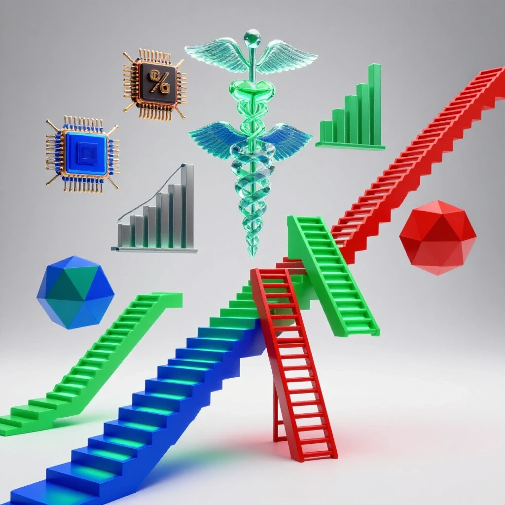 Vivid glowing steps and ladders lead upward past abstract finance, healthcare, and tech icons on a bright background.